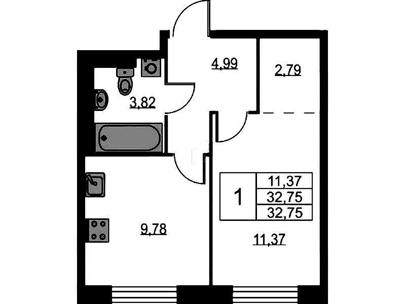 1-комнатная квартира 32.75 м², 1/9 эт., ЖК «Квартал Лаголово»